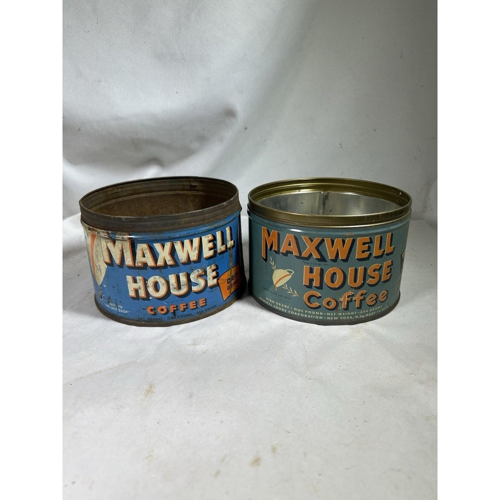 Maxwell House Vintage Regular Grind Coffee 1 lb Blue Metal Can Tin Farm House